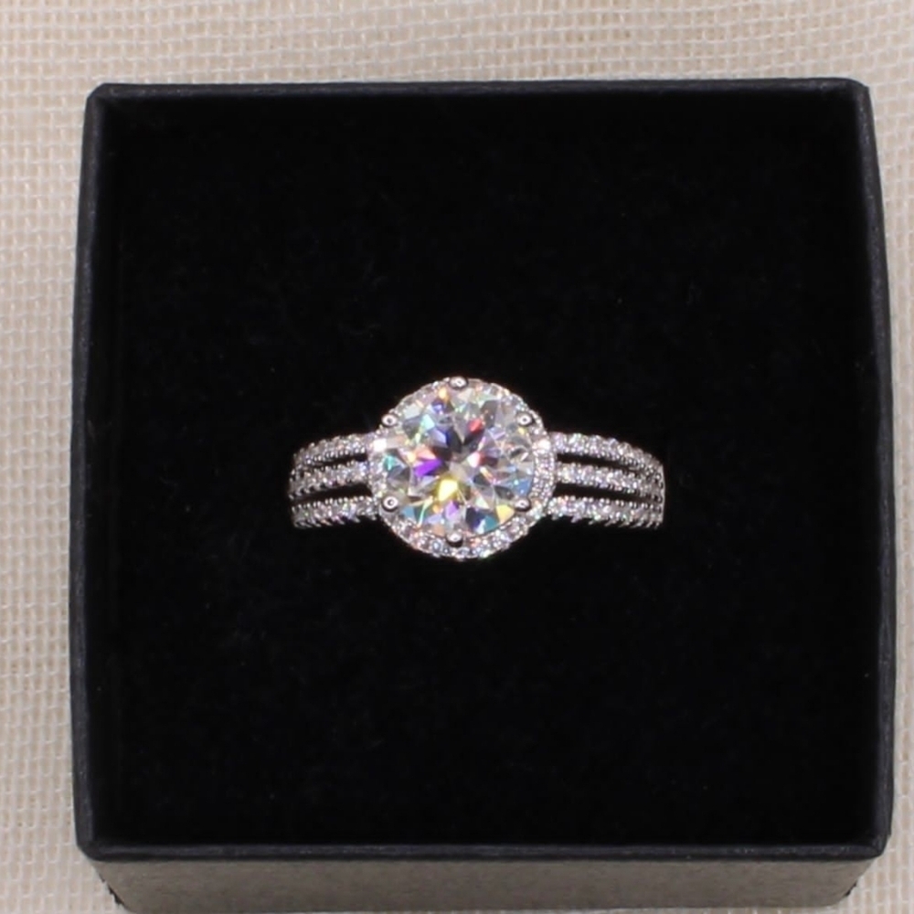 2 Carat Round Moissanite Platinum and Rhodium Plated 925 Silver Ring - Picture 3 of 14